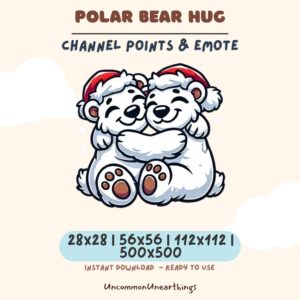 Polar Bear Hug Twitch emote featuring two cute white bears hugging in red Santa hats, available in multiple sizes