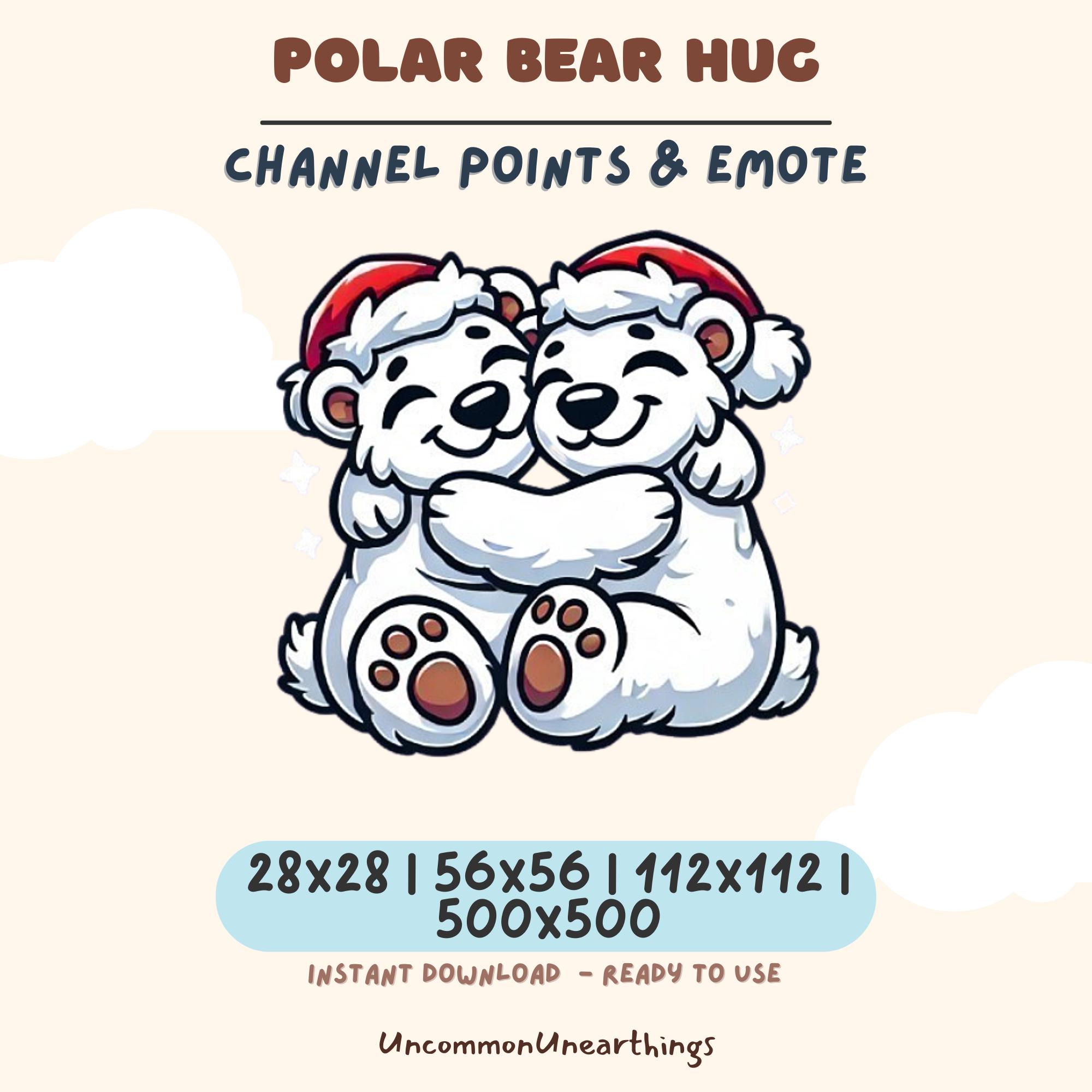 Polar Bear Hug Twitch emote featuring two cute white bears hugging in red Santa hats, available in multiple sizes
