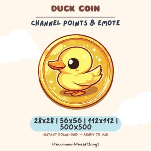 Duck Coin Twitch Discord emote featuring cute yellow duck on gold coin in multiple sizes 28x28 to 500x500 pixels