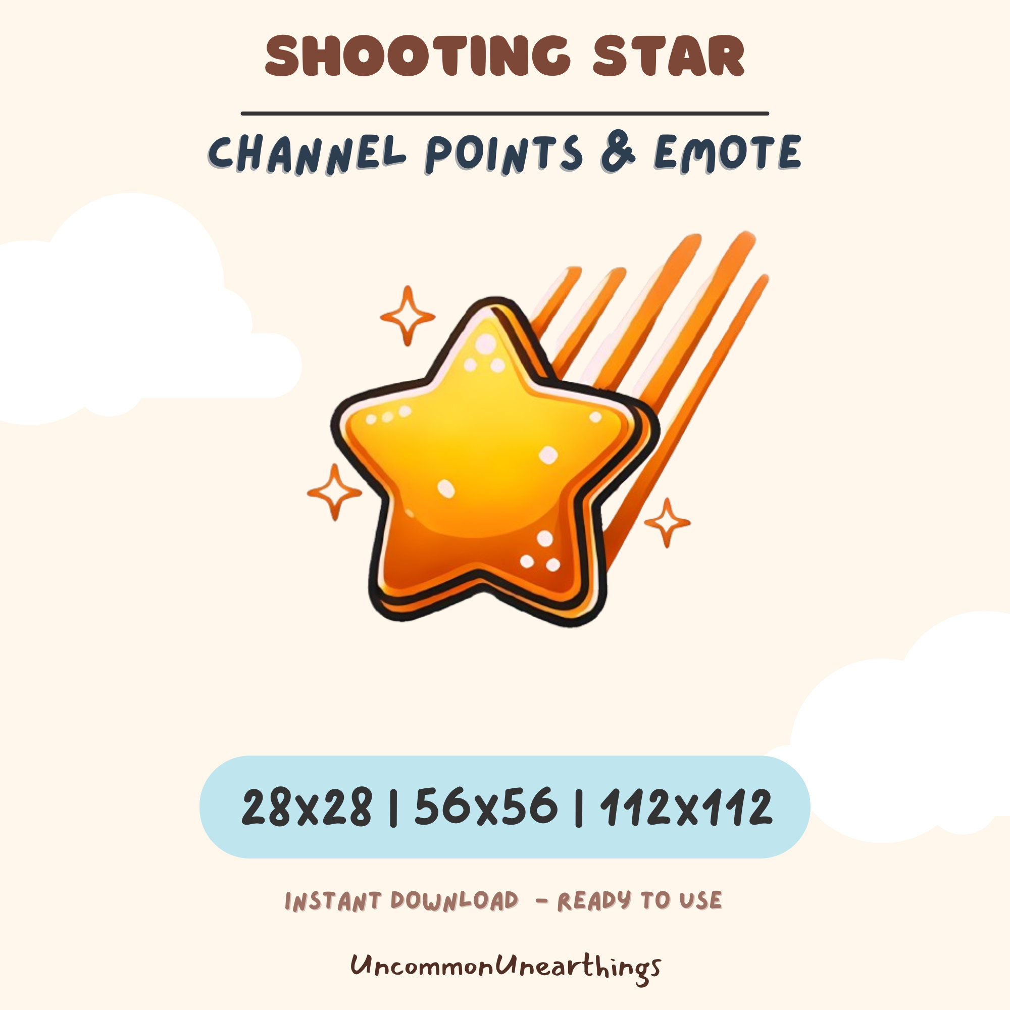 Shooting Star Twitch emote - yellow and orange star with sparkles, available in 28x28, 56x56, 112x112 pixels