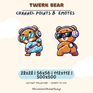 Twerk Bear channel points emotes - cute orange bear with headphones in dancing and cool poses for Twitch Discord