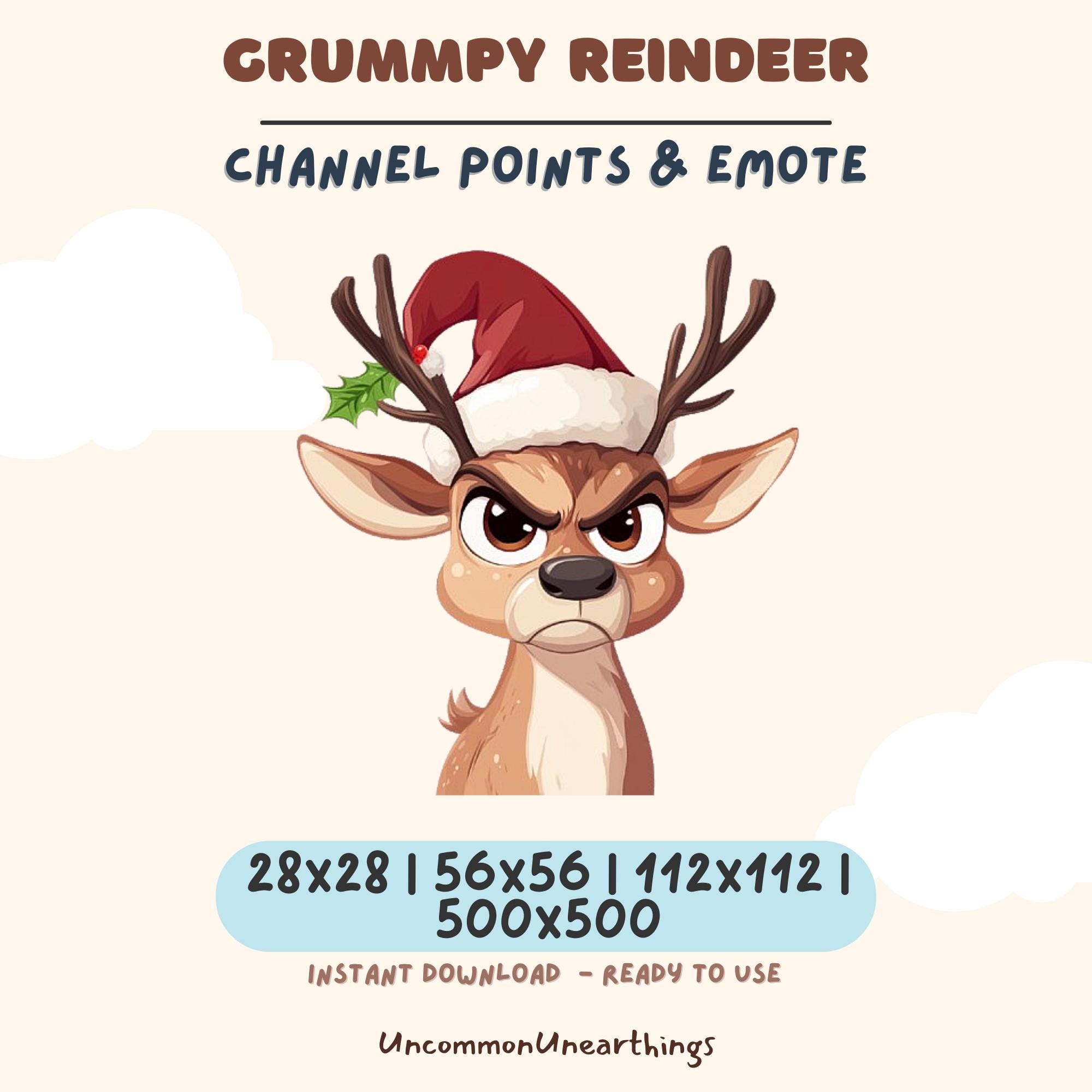 Grumpy Reindeer Twitch Discord emote with Santa hat, available in 28x28 to 500x500 pixels for instant download