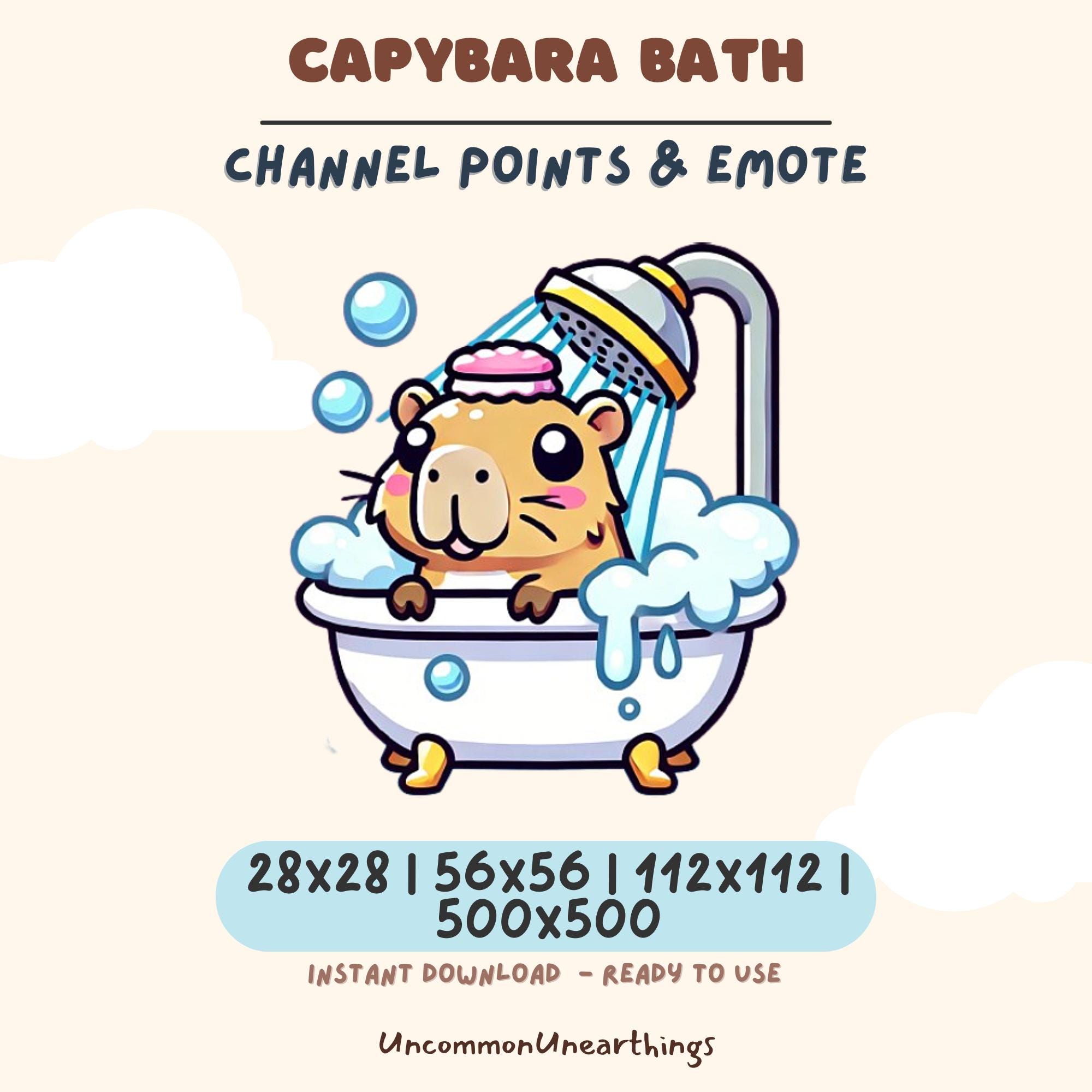 Cute capybara taking a bath with shower head, kawaii style emote art for Twitch and Discord channels in multiple sizes