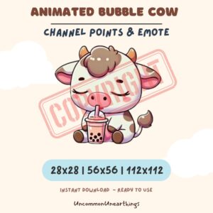 Animated bubble tea cow emote for Twitch and Discord, cute brown and white character holding boba drink with channel point...