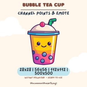 Cute bubble tea emote with happy face, yellow and pink colors, available in 28x28 to 500x500 pixels for Twitch and Discord...