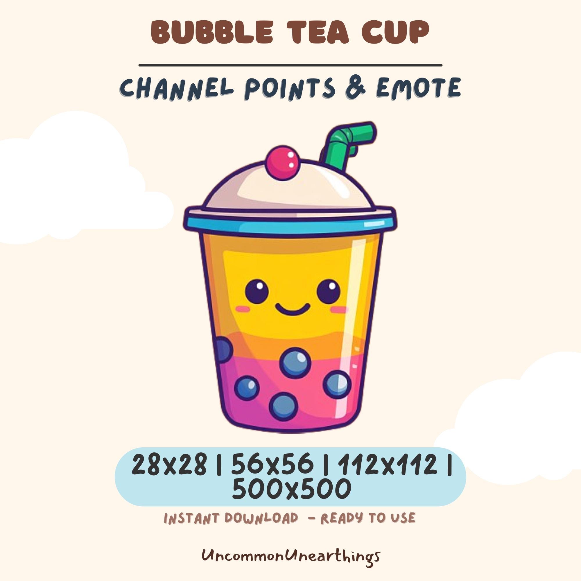 Cute bubble tea emote with happy face, yellow and pink colors, available in 28x28 to 500x500 pixels for Twitch and Discord...