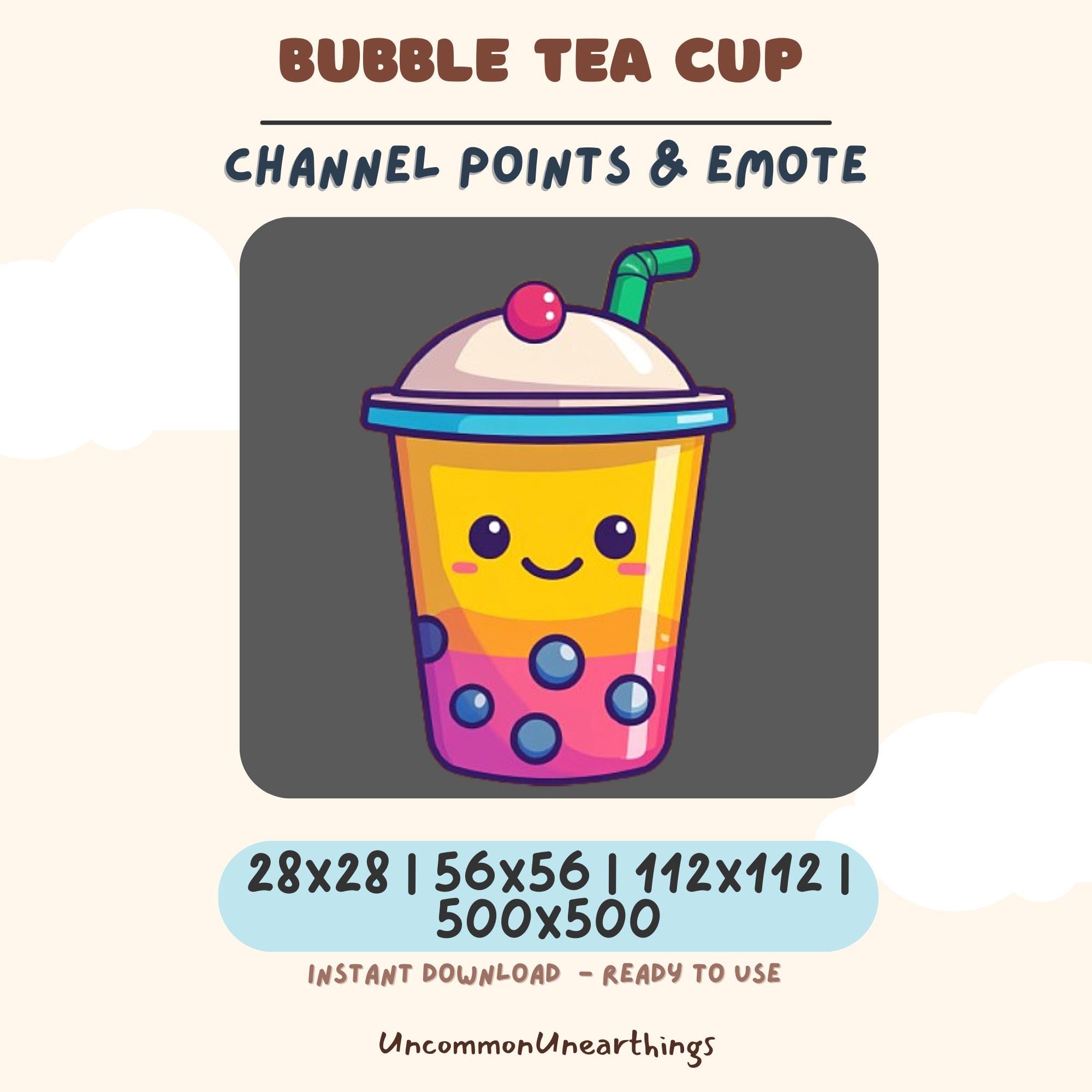 Cute bubble tea cup emote with happy face, colorful design for Twitch Discord channel points in multiple sizes