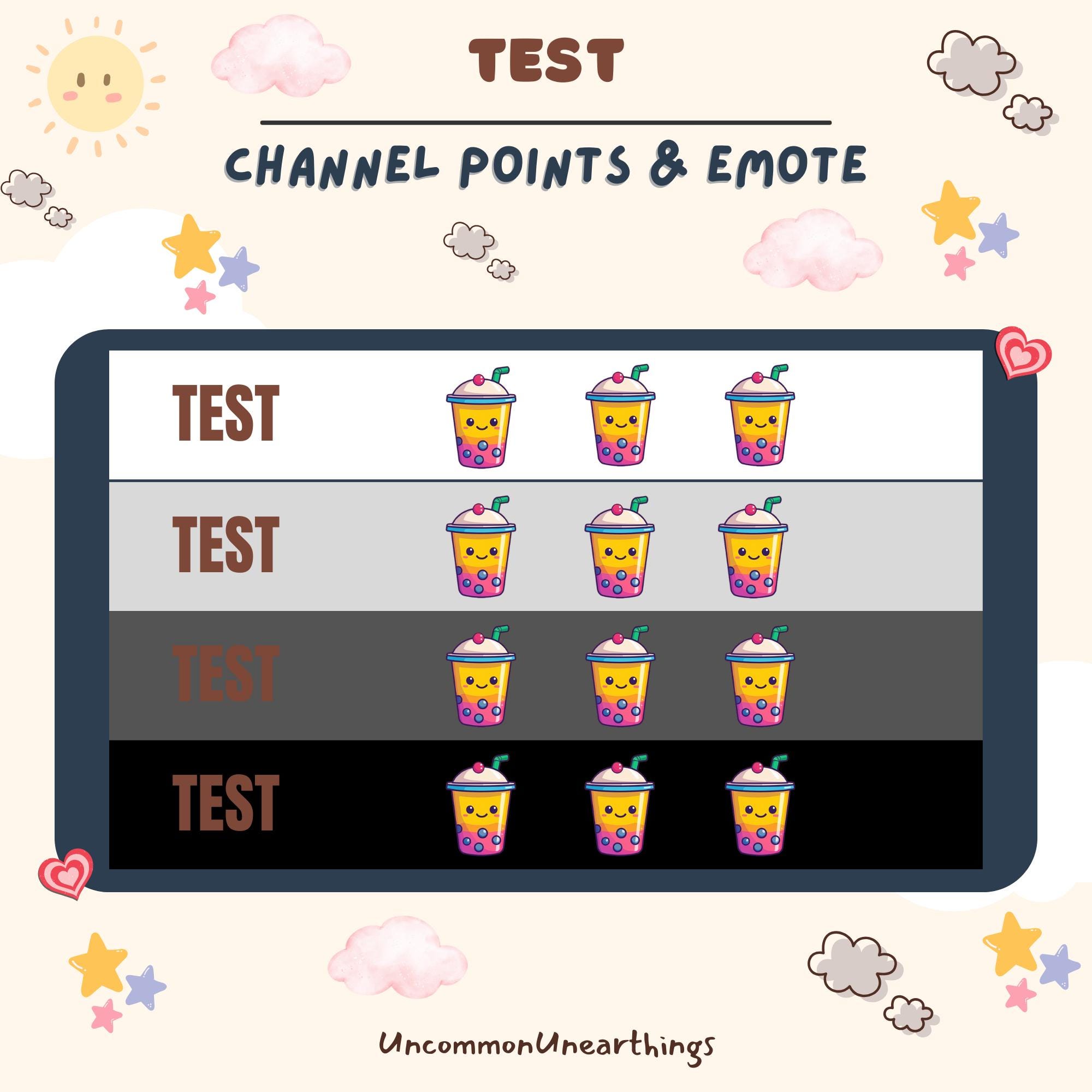 Cute boba tea emote set with 4 variations showing different expressions and toppings for Twitch and Discord channels