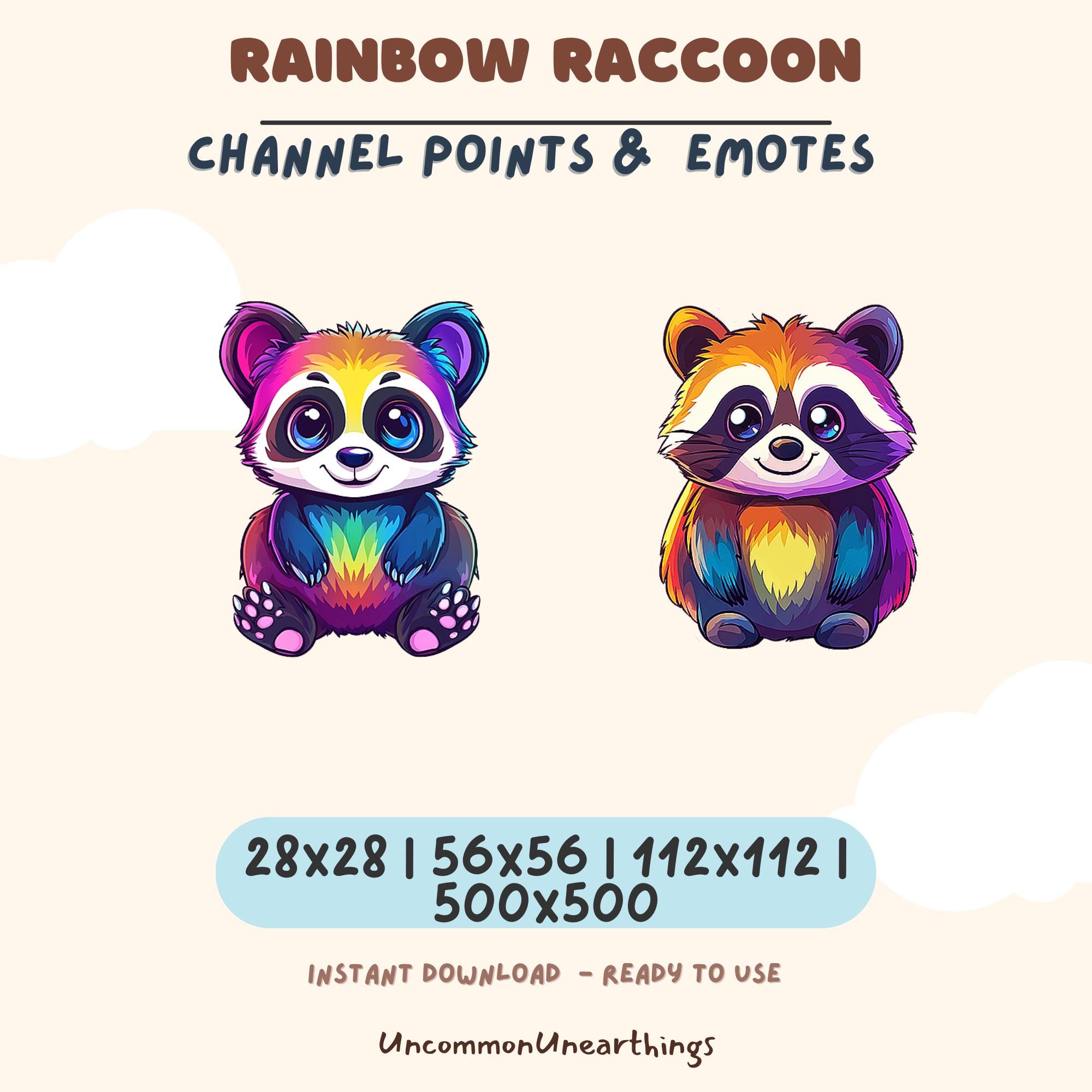 Rainbow Raccoon Channel Points Emotes - Colorful Twitch Discord Emotes Instant Download