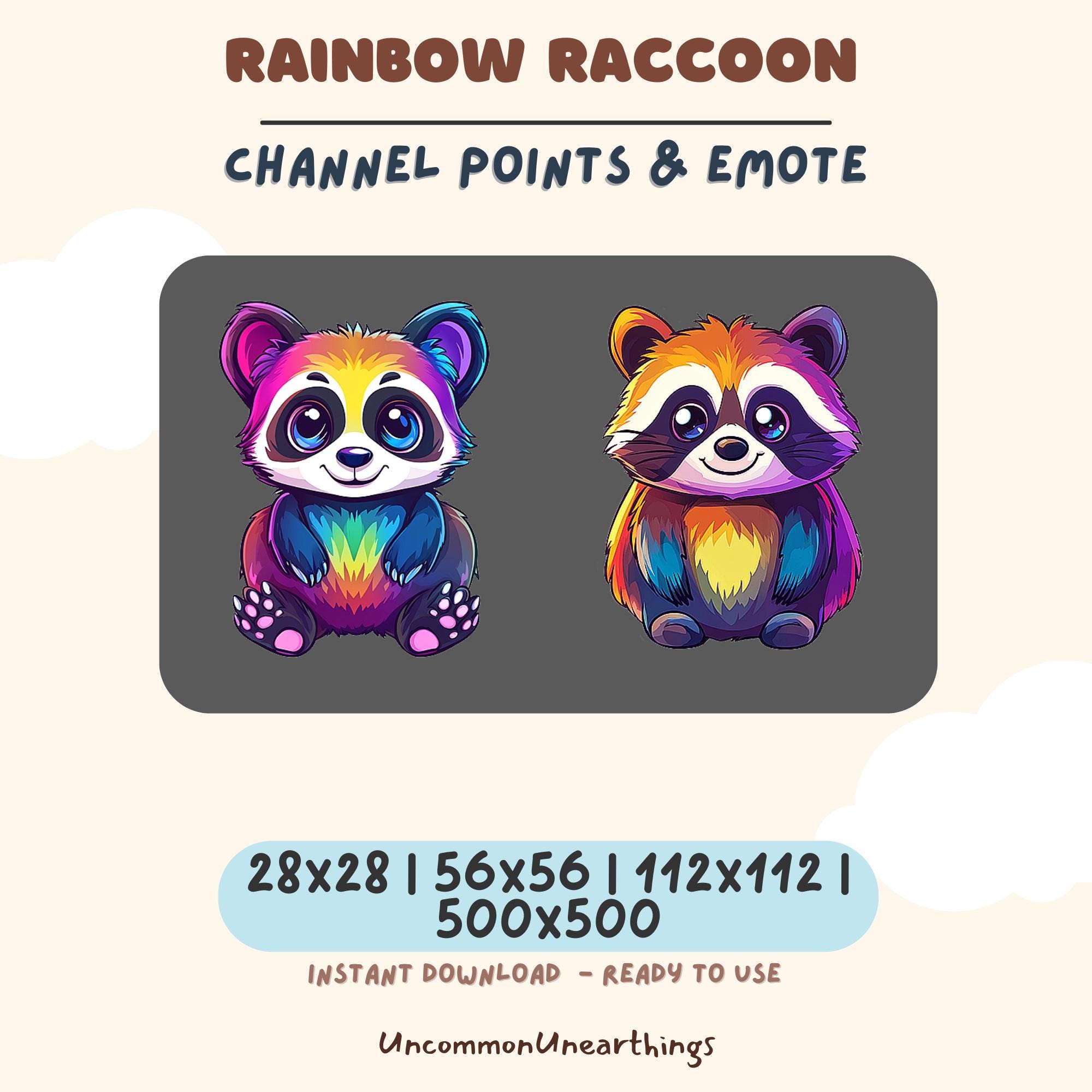 Colorful rainbow raccoon emotes for Twitch and Discord channels in multiple sizes, instant download ready to use.