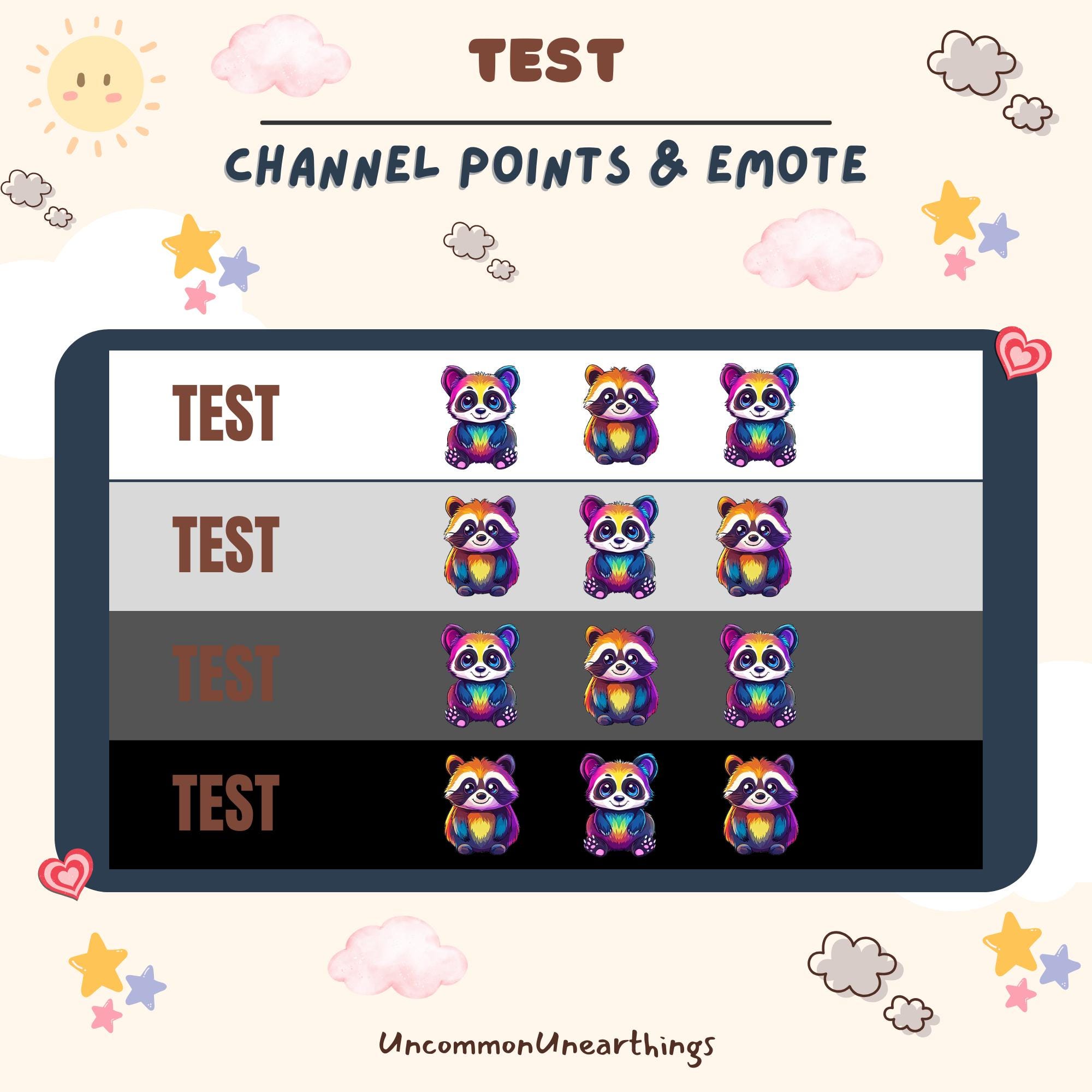Colorful rainbow panda emotes for Twitch and Discord channel points, cute animated emoticon pack design