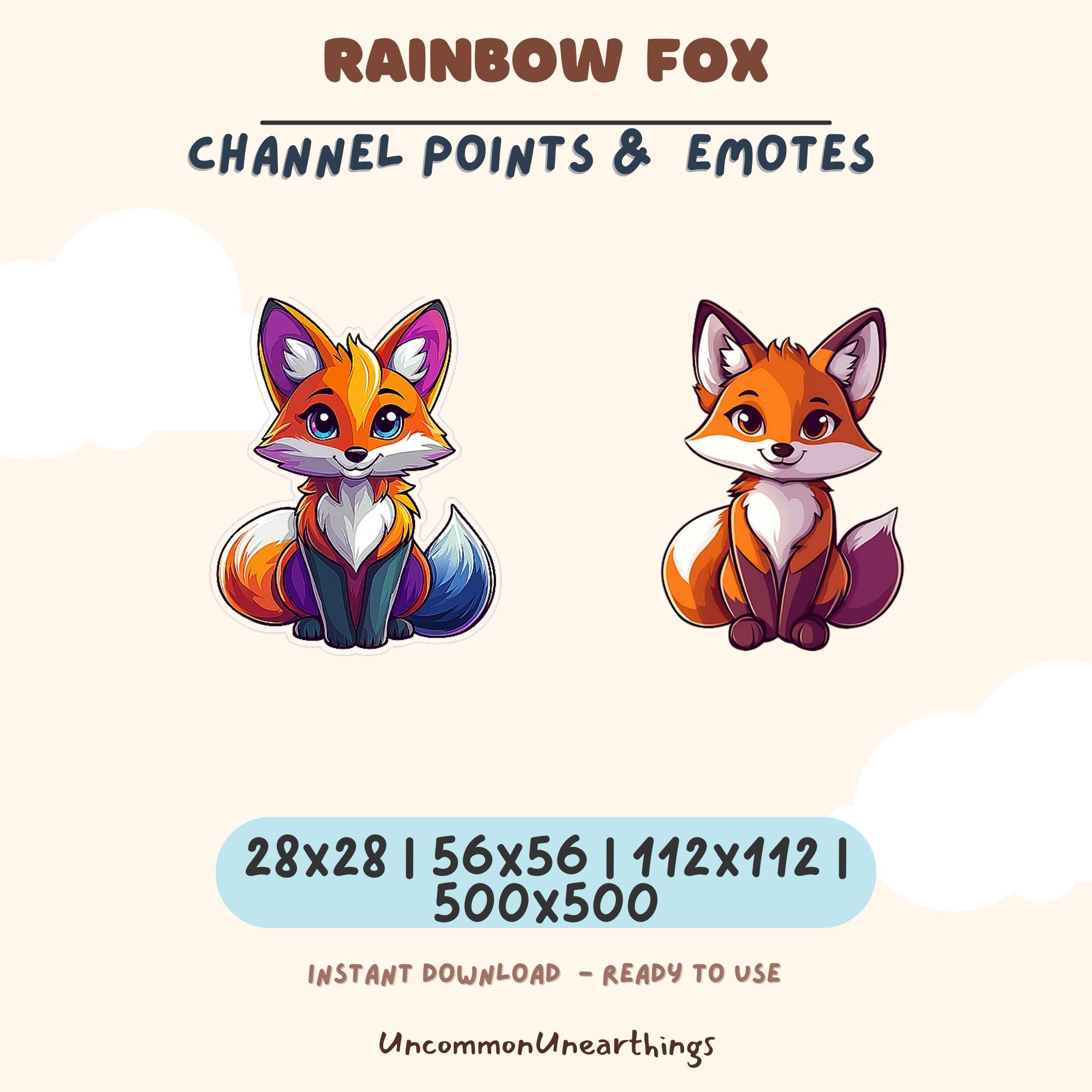 Rainbow Fox Twitch Discord Emotes - Colorful animated fox character channel points and emotes in multiple sizes