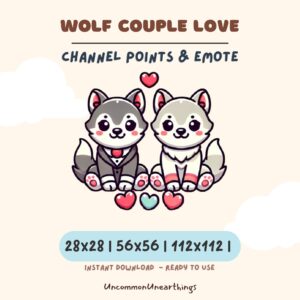 Wolf couple love emote for Twitch and Discord, cute kawaii wolves with hearts, channel points and custom emote set