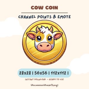 Cute cow coin gold emote for Twitch and Discord channels, available in 28x28, 56x56, and 112x112 pixel sizes