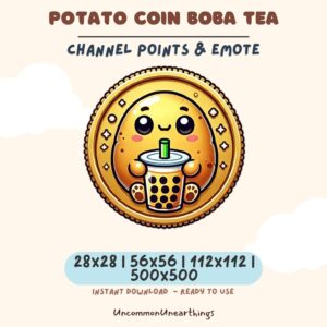Cute potato coin boba tea emote with happy face holding bubble tea drink, golden coin design for Twitch Discord channels