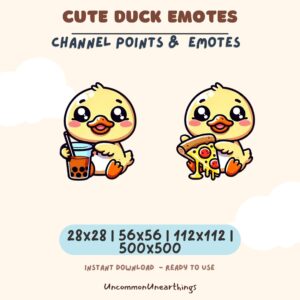 Cute duck emotes for Twitch and Discord - yellow duckling with boba tea and pizza in multiple sizes