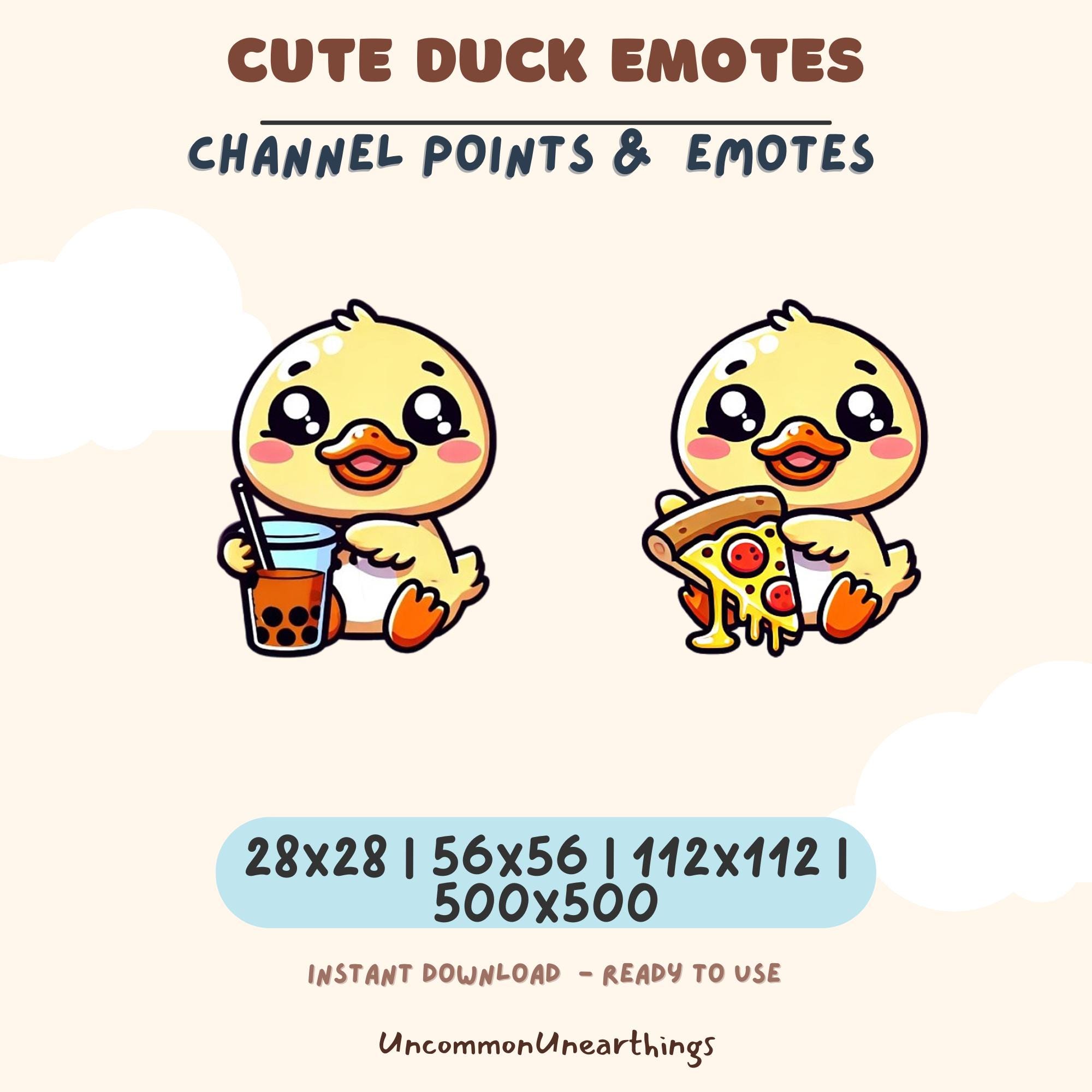 Cute duck emotes for Twitch and Discord - yellow duckling with boba tea and pizza in multiple sizes
