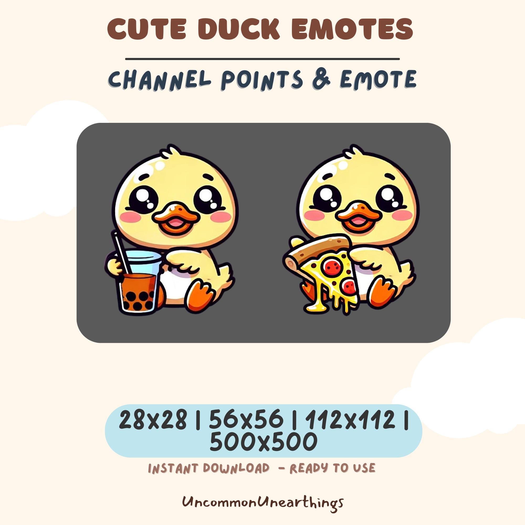 Cute yellow duck emotes holding boba tea and pizza slice, channel points emotes for Twitch Discord, instant download PNG f...