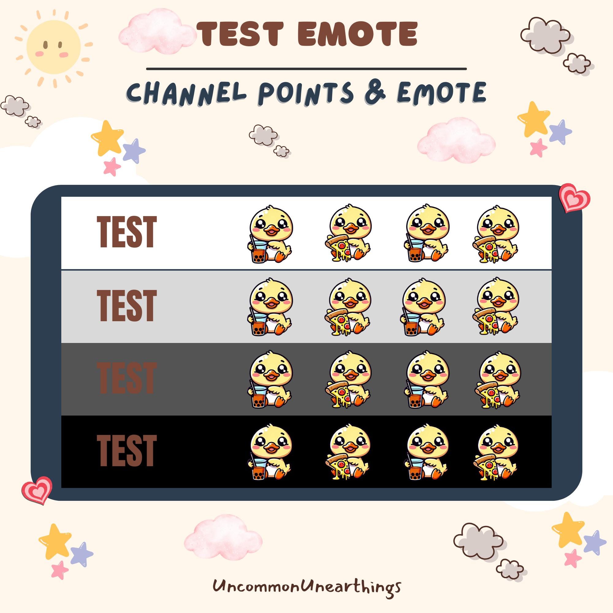 Cute yellow duckling emote pack with 4 variations showing drinking and eating poses for Twitch and Discord channels