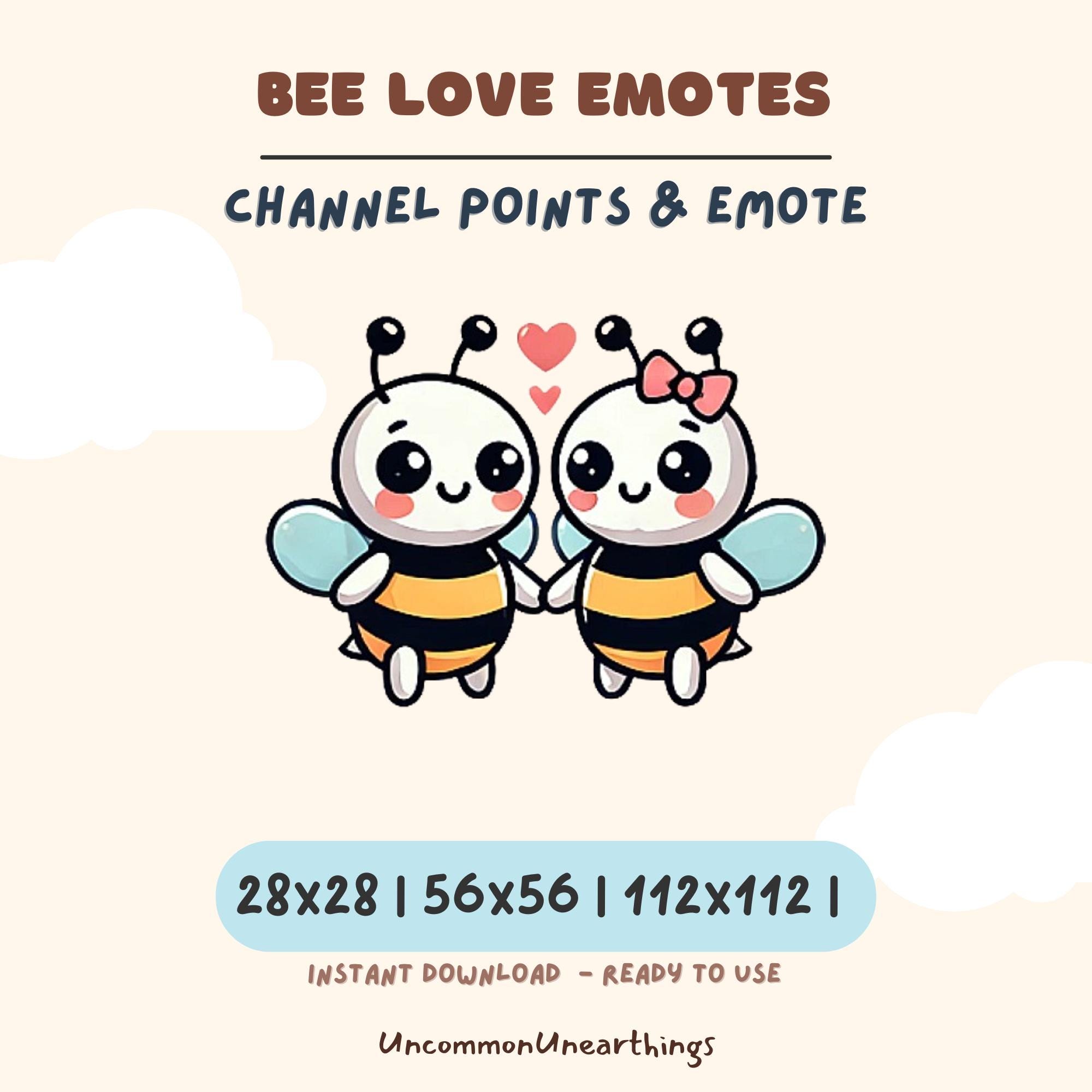 Cute bee love emotes for Twitch and Discord channels with hearts, available in 28x28, 56x56, and 112x112 pixel sizes