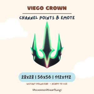 Viego Crown channel points emote for Twitch and Discord, green glowing crown design in 28x28, 56x56, and 112x112 pixels