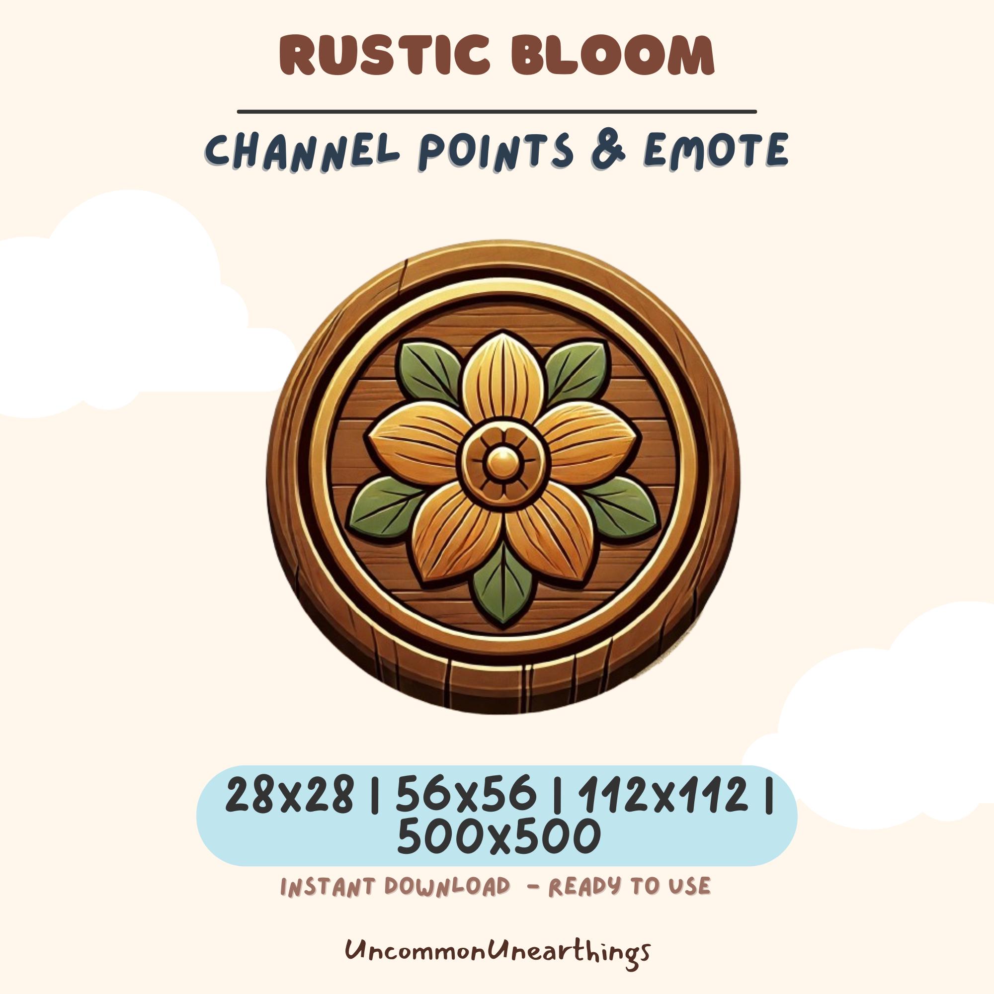 Rustic Bloom wooden flower emote for Twitch and Discord channels in multiple sizes