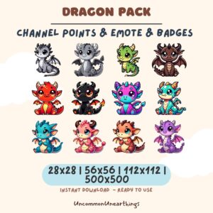 Dragon Pack emotes for Twitch and Discord - 12 cute baby dragon designs in multiple sizes for channel points and badges