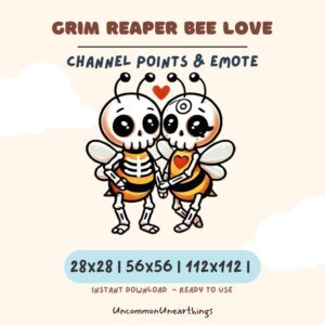 Grim Reaper Bee Love couple emote with skull heads and hearts, channel points and Twitch Discord emote in 28x28 56x56 112x...