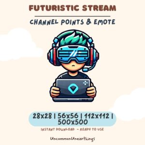 Futuristic gamer emote with cyan hair, VR goggles, headset holding gaming console, 28x28 to 500x500px Twitch Discord emote