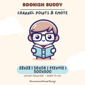 Bookish Buddy Twitch Discord emote - cute chibi character with glasses reading book, 28x28 to 500x500px instant download