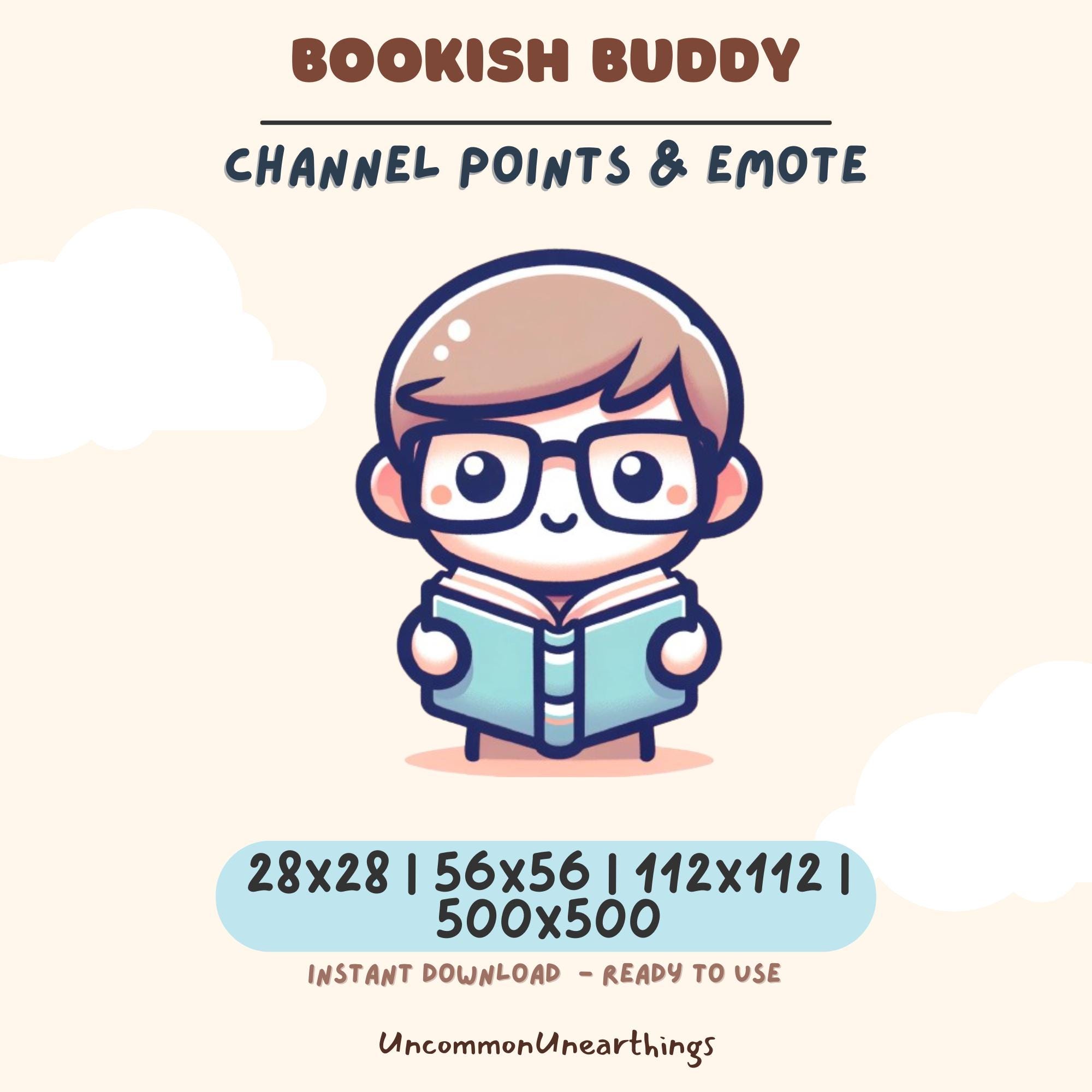 Bookish Buddy Twitch Discord emote - cute chibi character with glasses reading book, 28x28 to 500x500px instant download
