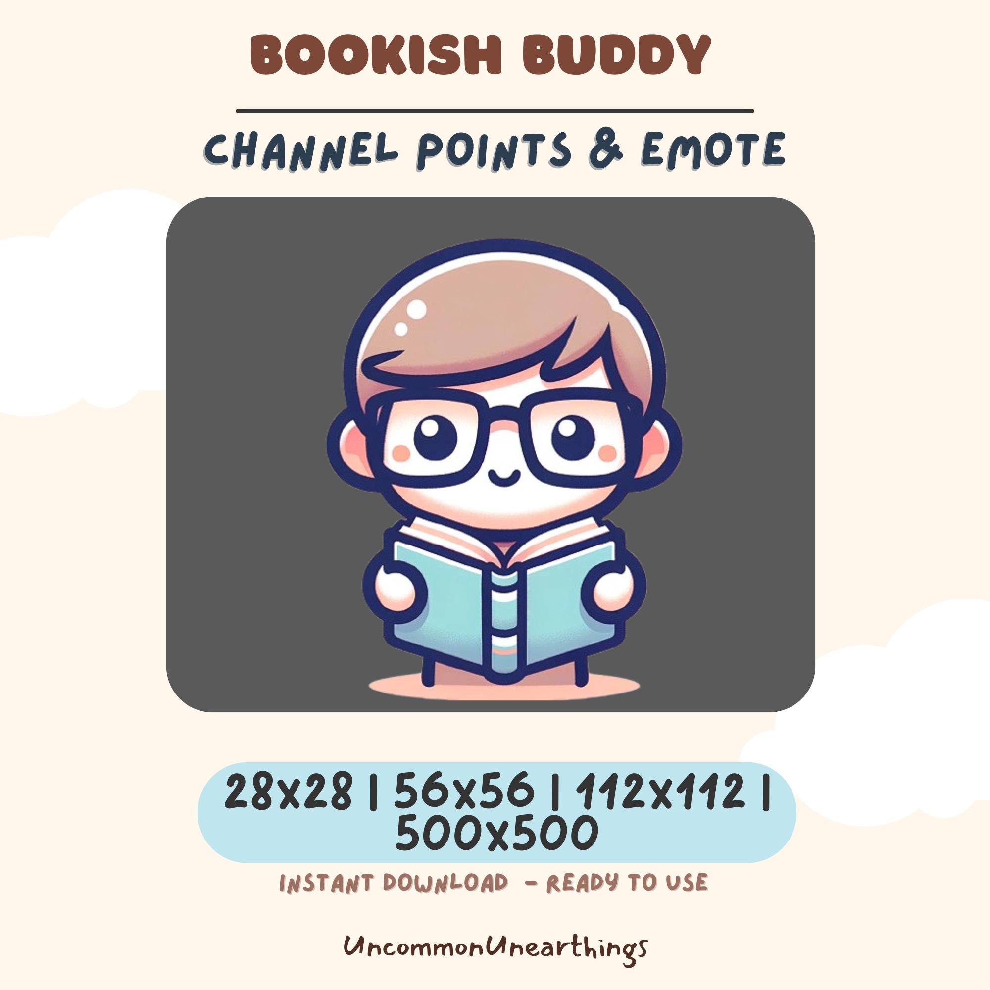Bookish Buddy Twitch Discord emote - cute character with glasses reading book, 28x28 to 500x500px instant download