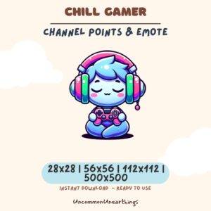 Chill Gamer cute blue character with headphones holding controller, colorful gaming emote for Twitch Discord channels