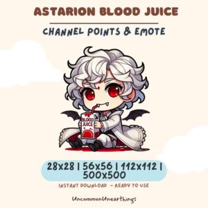 Astarion Blood Juice chibi emote character with red eyes holding juice box, cute vampire art for Twitch Discord channels