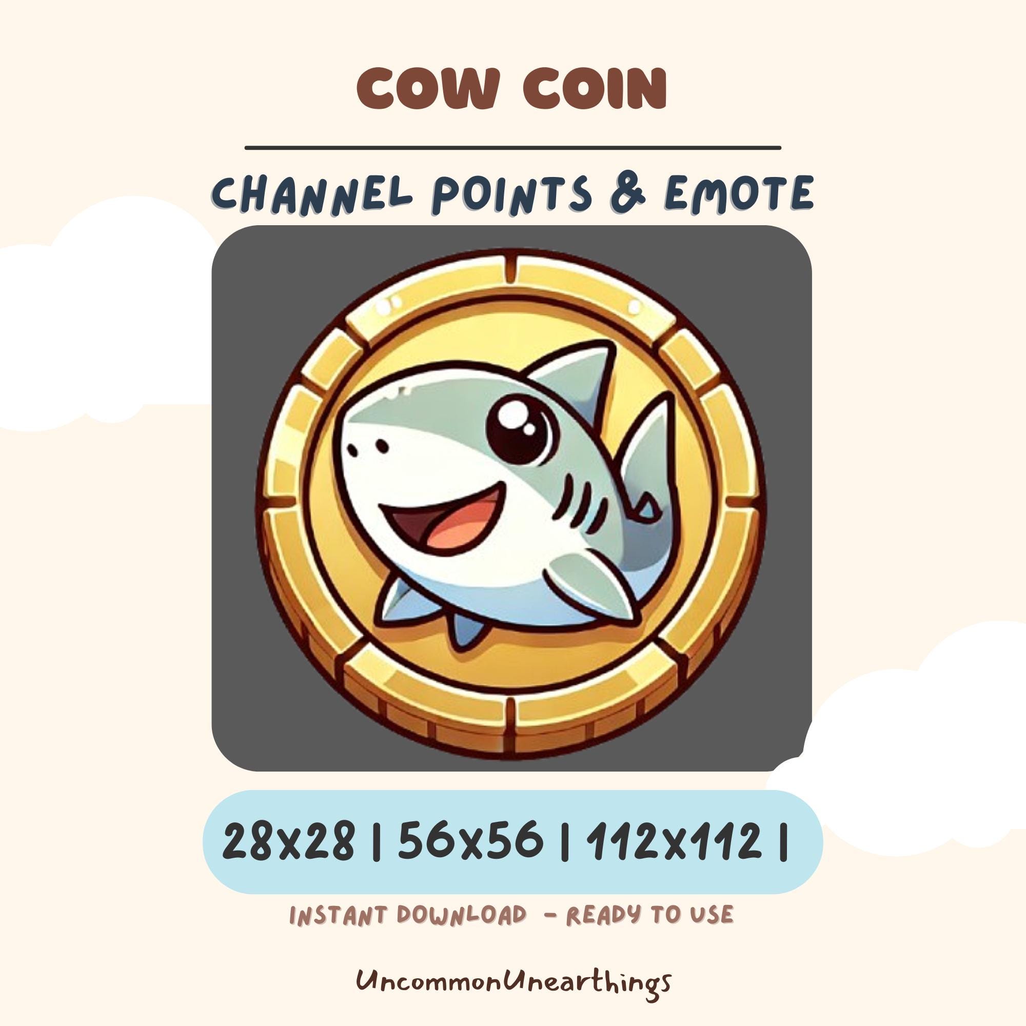 Cow Coin cute fish character Twitch Discord emote channel points badge 28x28 56x56 112x112 pixels instant download