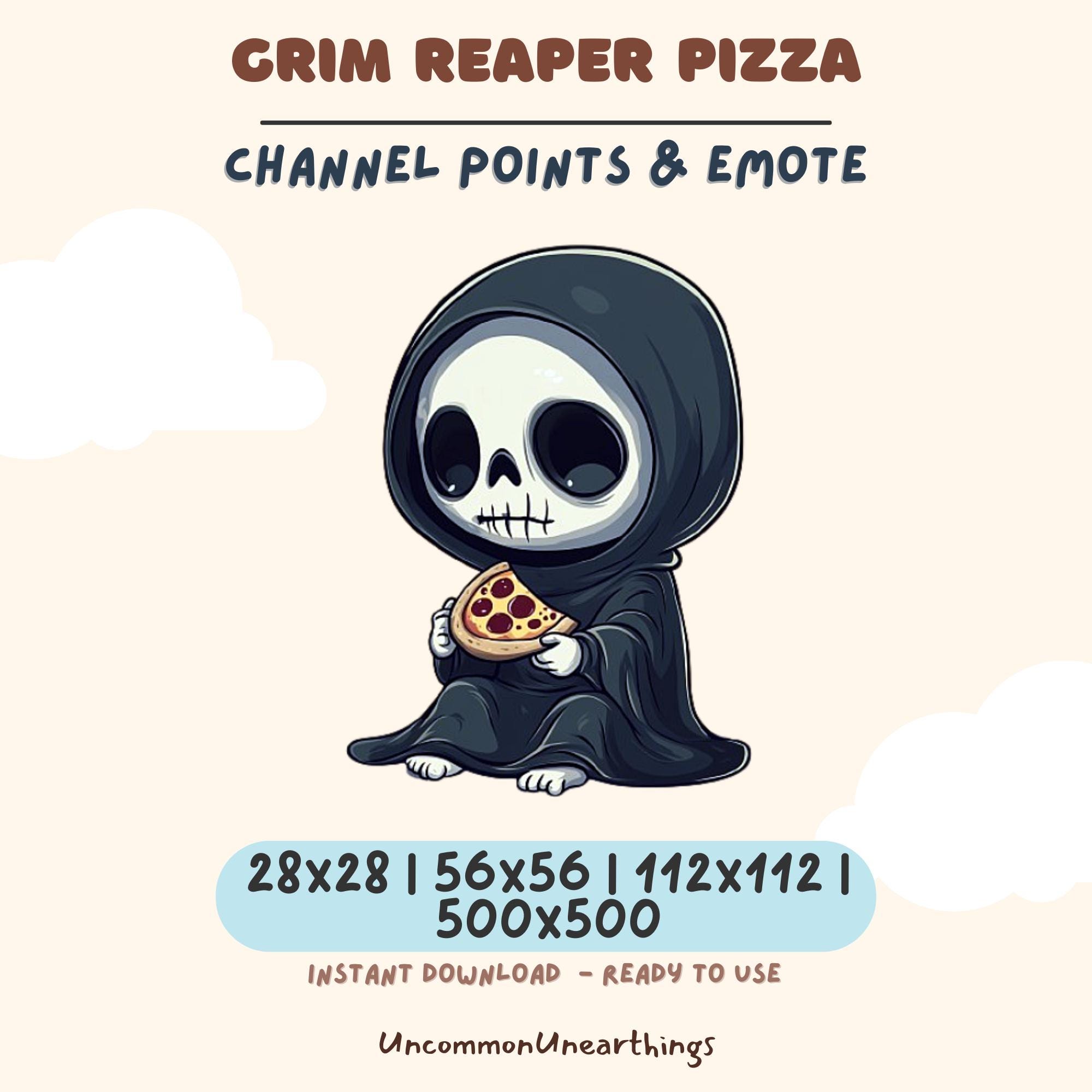 Grim Reaper Pizza Twitch Discord Emote - Cute Skeleton Holding Pepperoni Slice Channel Points Emote Art