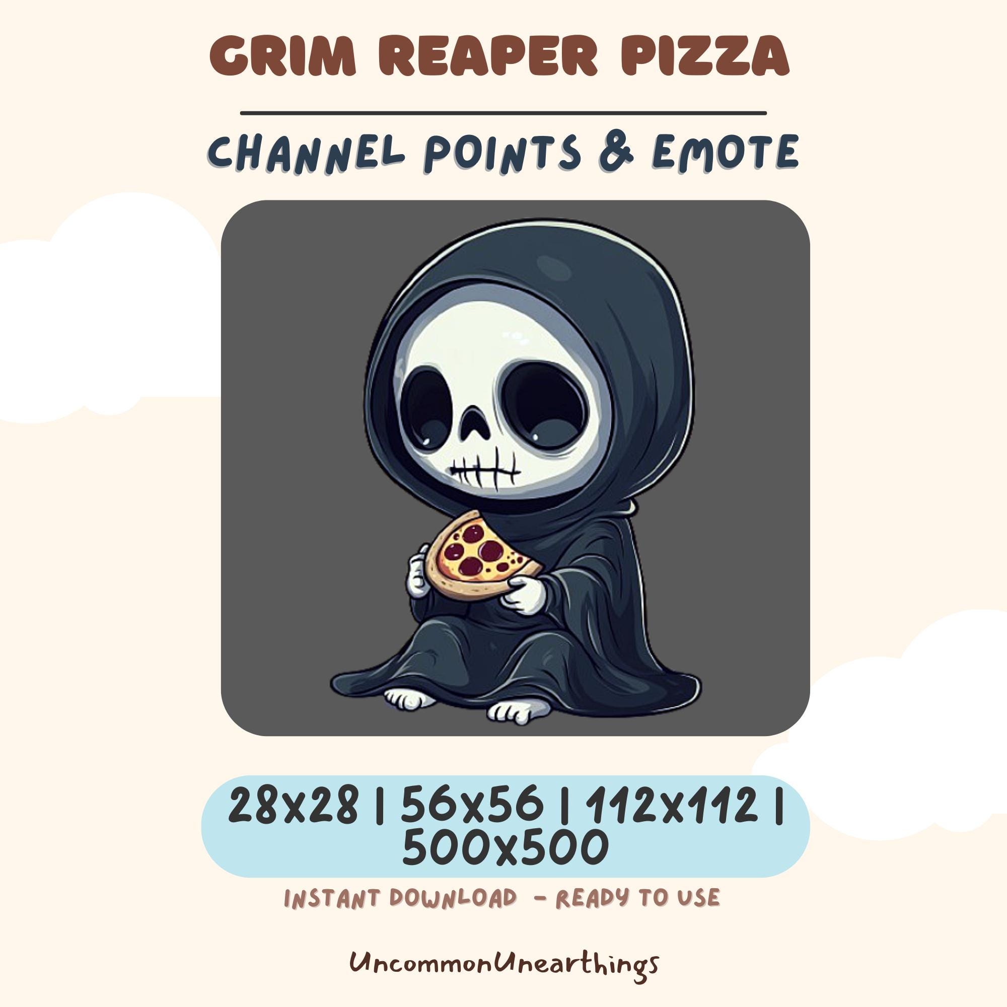 Grim Reaper Pizza Discord Emote - Cute Skeleton Holding Pepperoni Slice Channel Points Emote