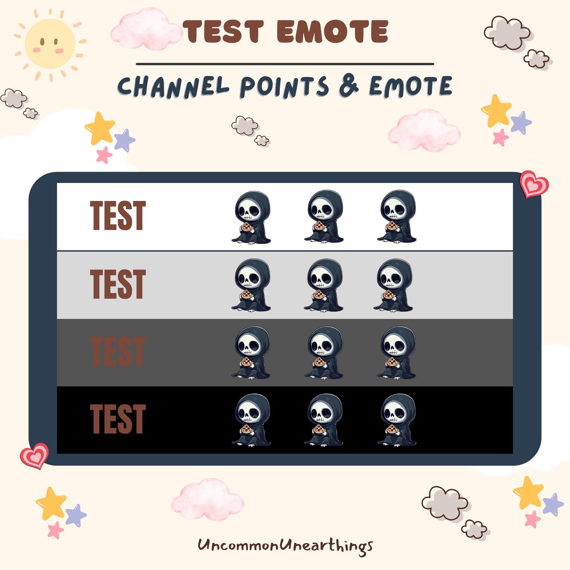 Grim Reaper Twitch emote set showing channel points and tier levels with skeleton character design