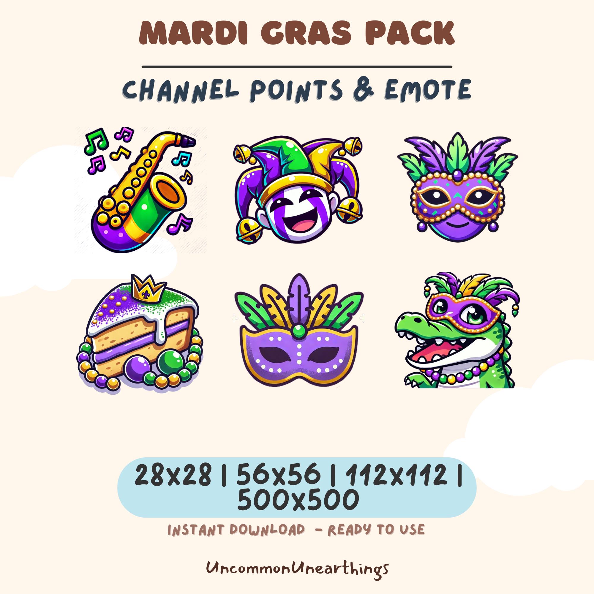 Mardi Gras emote pack with 6 colorful channel points and Discord emotes including saxophone, jester, mask, cake, and allig...