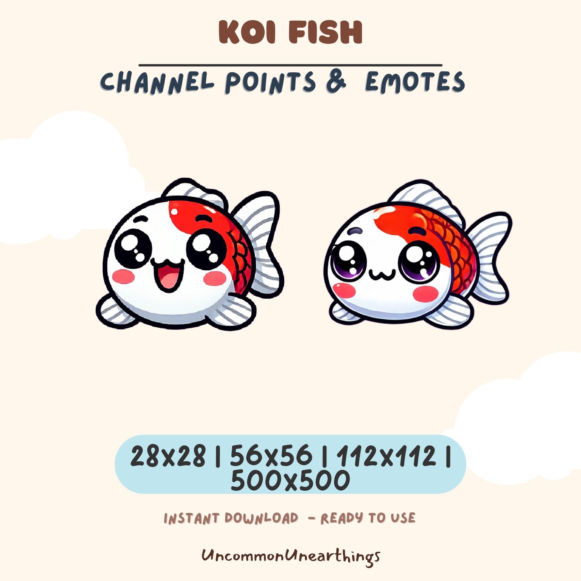 Cute koi fish channel points and emotes for Twitch and Discord, available in 28x28 to 500x500 pixel sizes