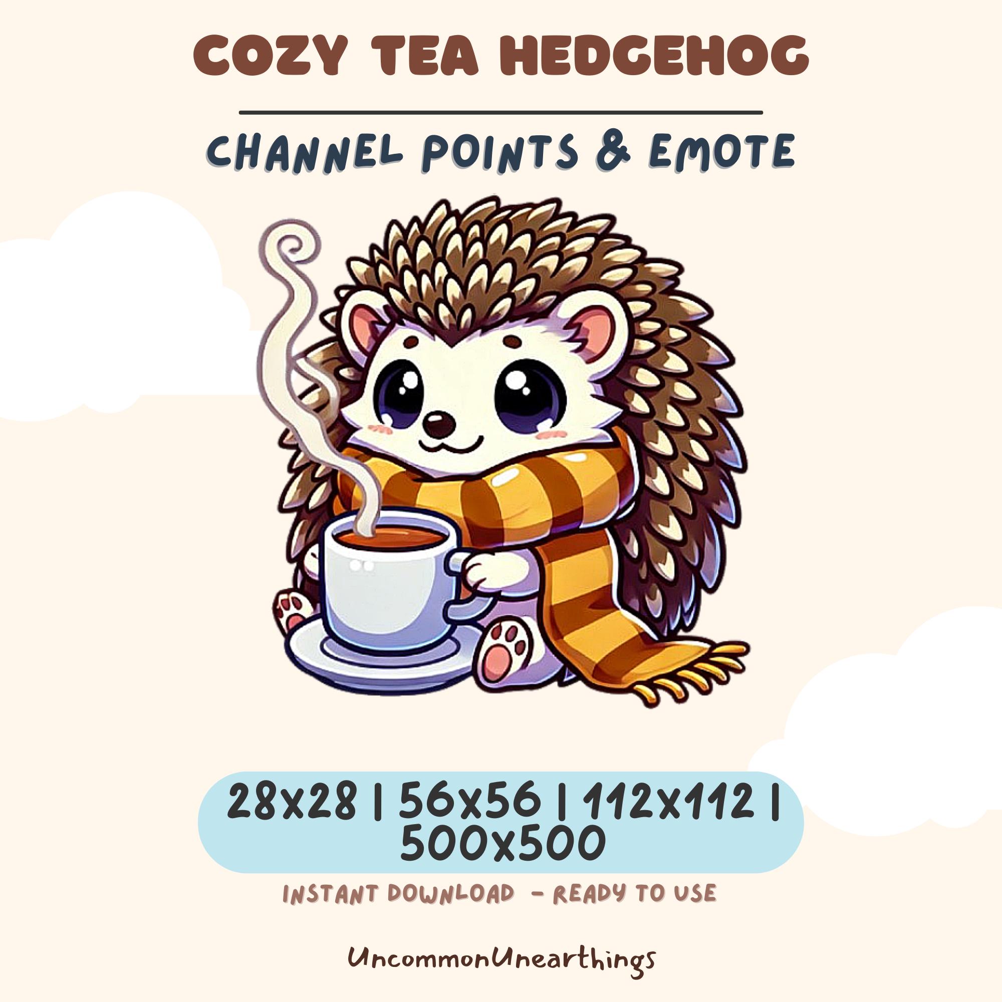Cozy tea hedgehog Twitch emote with striped scarf holding warm cup, brown spikes, cute anime style channel points graphic