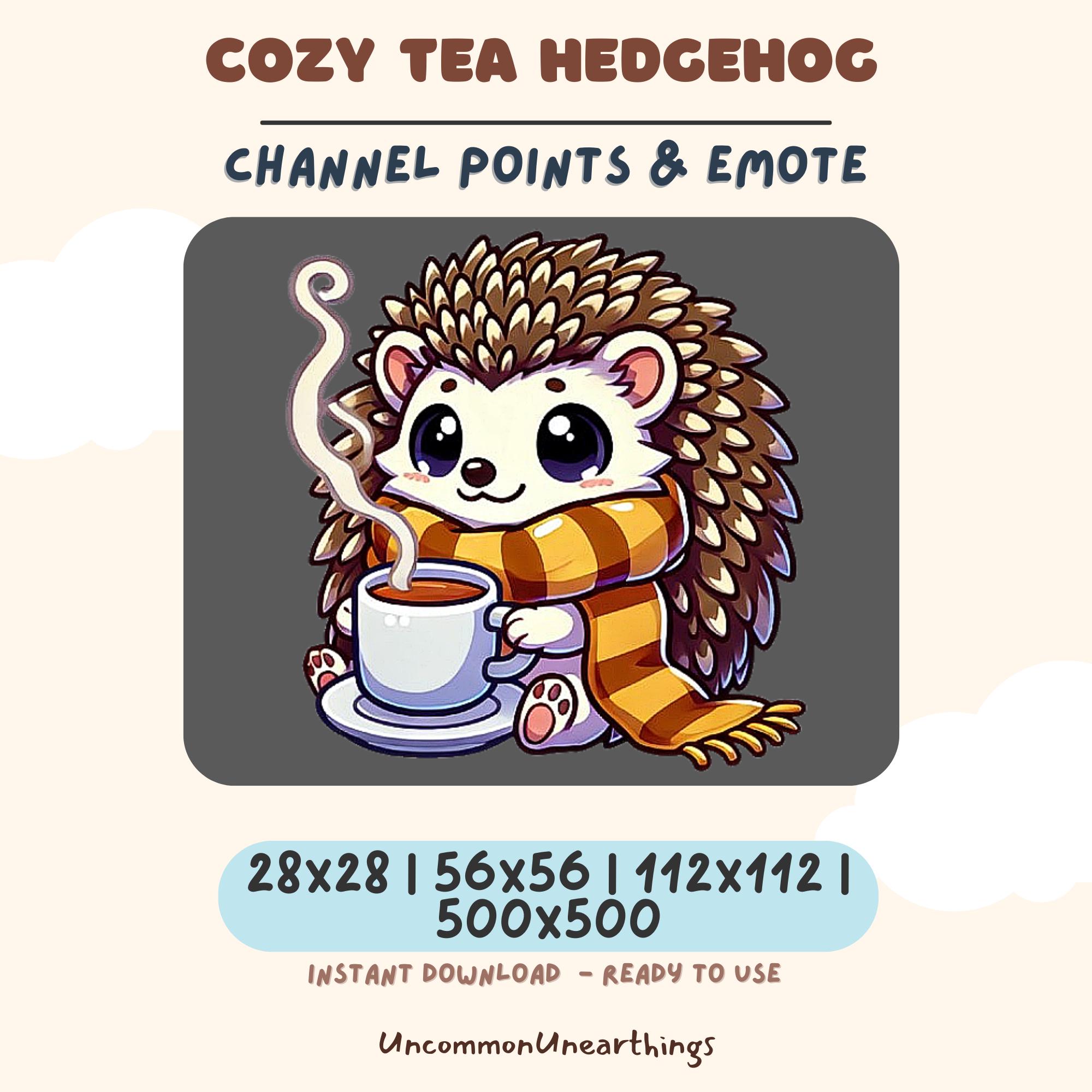 Cozy Tea Hedgehog cute brown spiky character holding warm cup with orange striped scarf Twitch Discord emote