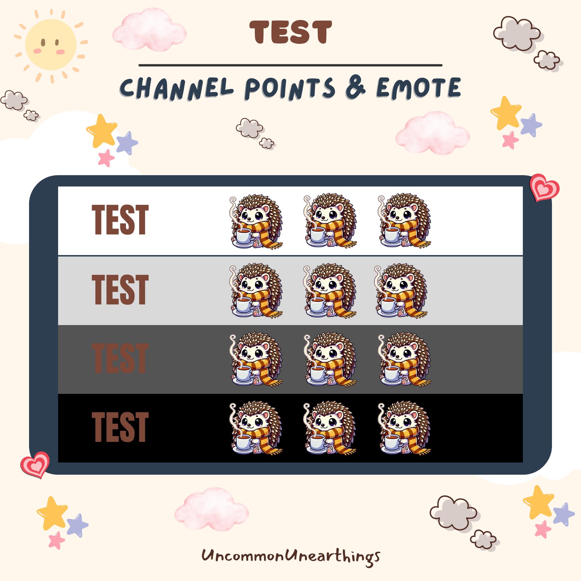 Cute hedgehog emote pack with 4 channel point tiers featuring cozy character in scarf and coffee cup designs