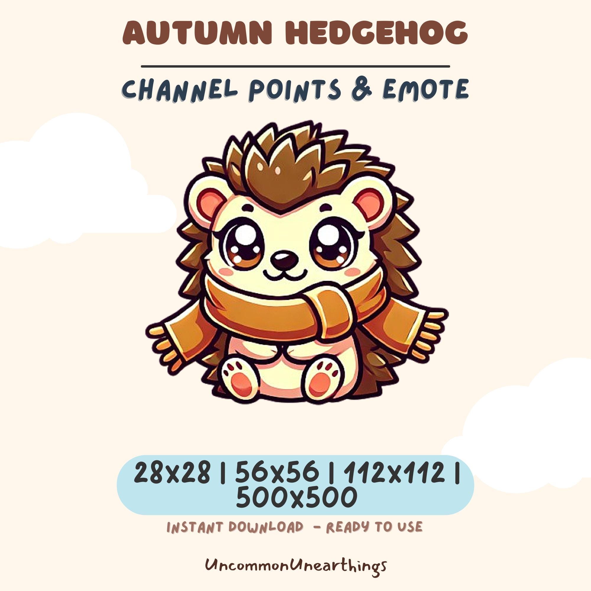 Cute autumn hedgehog Twitch Discord emote with channel points, brown and cream colors, instant download