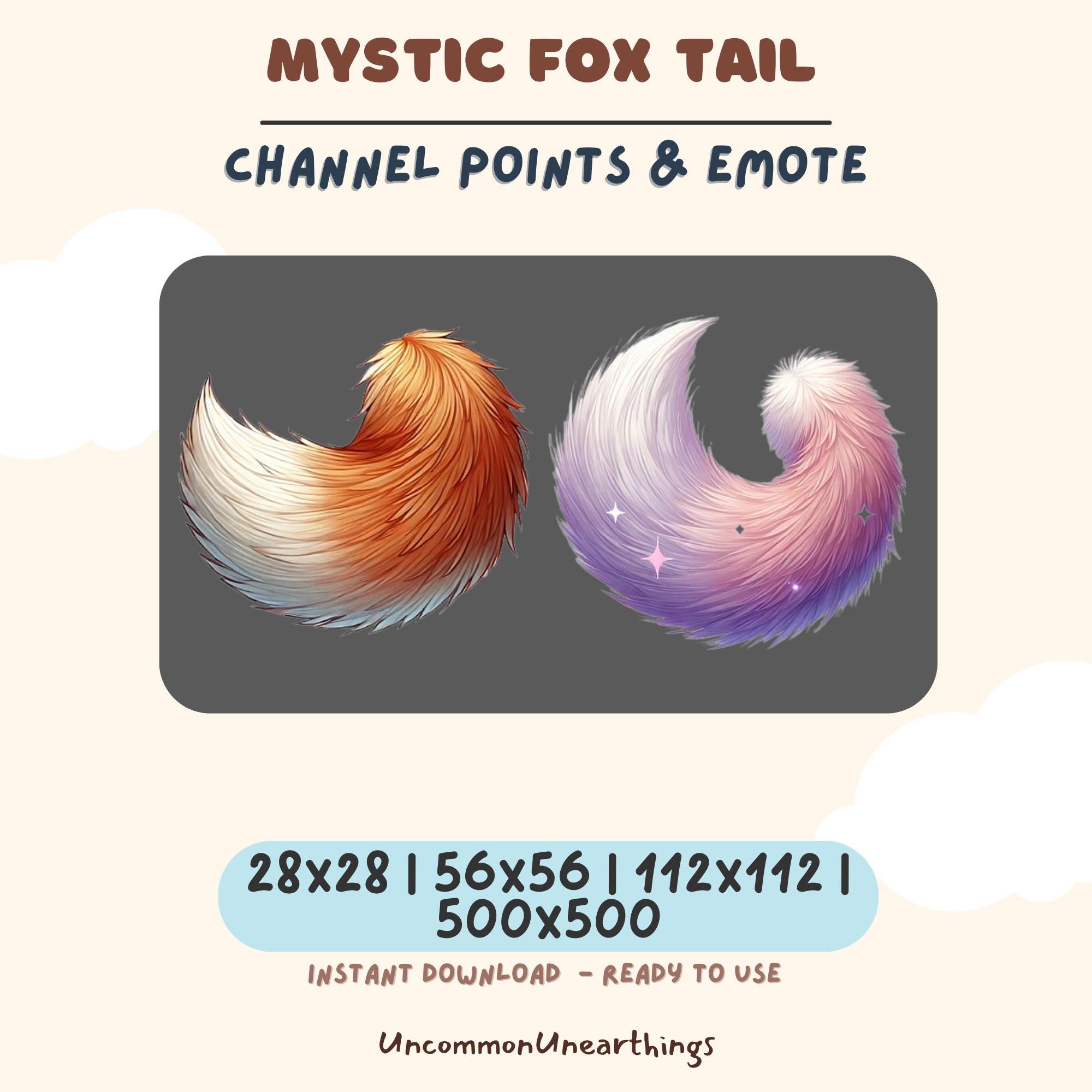Mystic Fox Tail emote with orange and purple gradient designs, channel points and Discord emote assets in multiple sizes