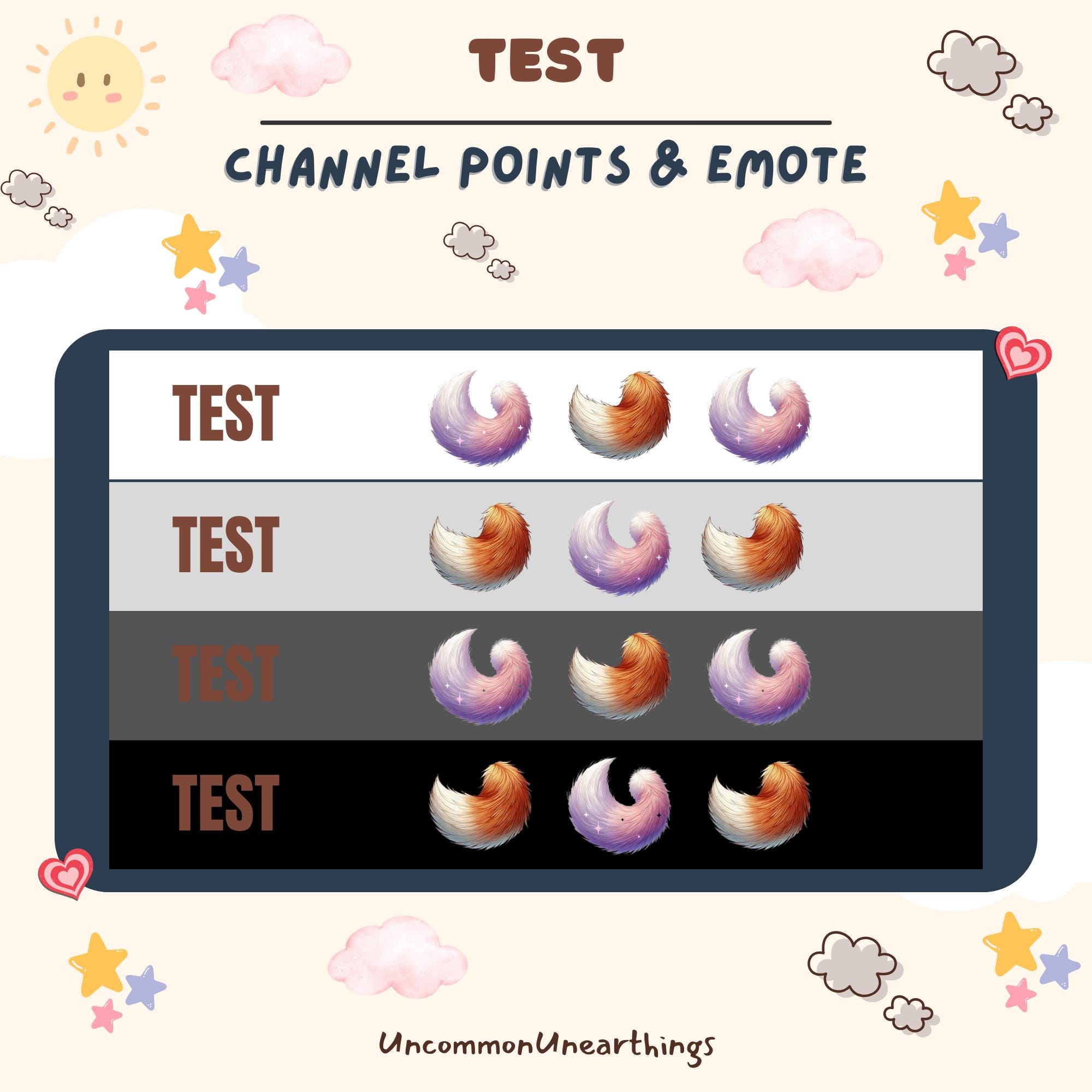 Twitch Discord emotes test channel points design with purple and orange gradient moon crescent icons
