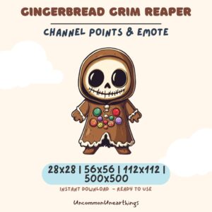 Gingerbread Grim Reaper Twitch emote with colorful channel points buttons, skeleton skull design, instant download 28x28 t...