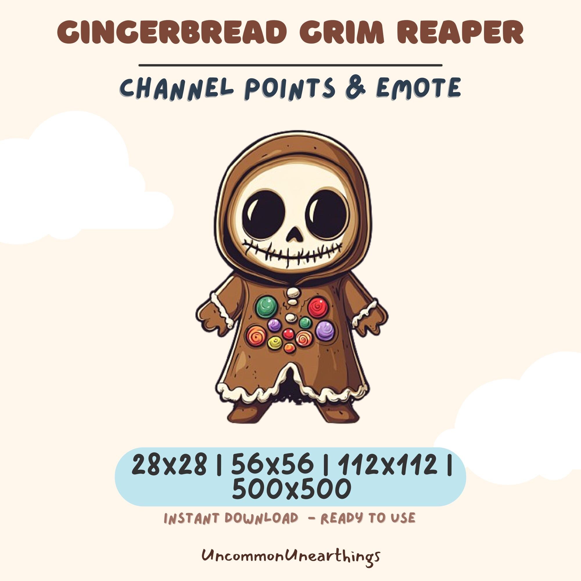 Gingerbread Grim Reaper Twitch emote with colorful channel points buttons, skeleton skull design, instant download PNG