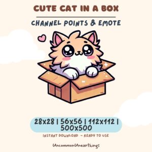 Cute cat in box emote for Twitch and Discord channels, available in multiple sizes for instant download and streaming use.