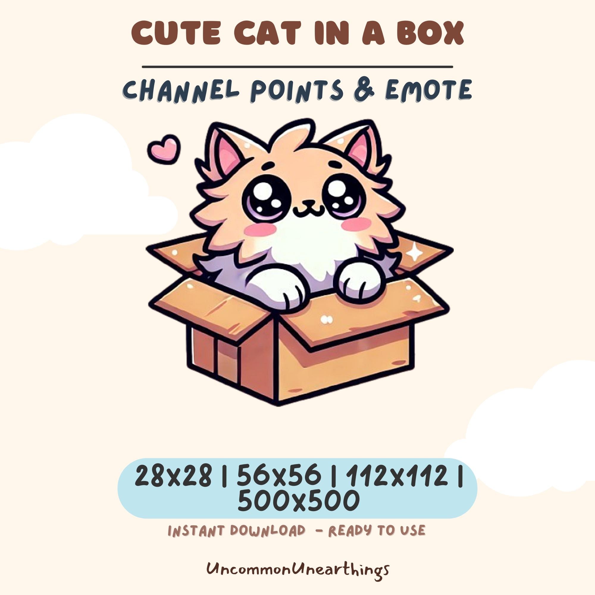 Cute cat in box emote for Twitch and Discord channels, available in multiple sizes for instant download and streaming use.